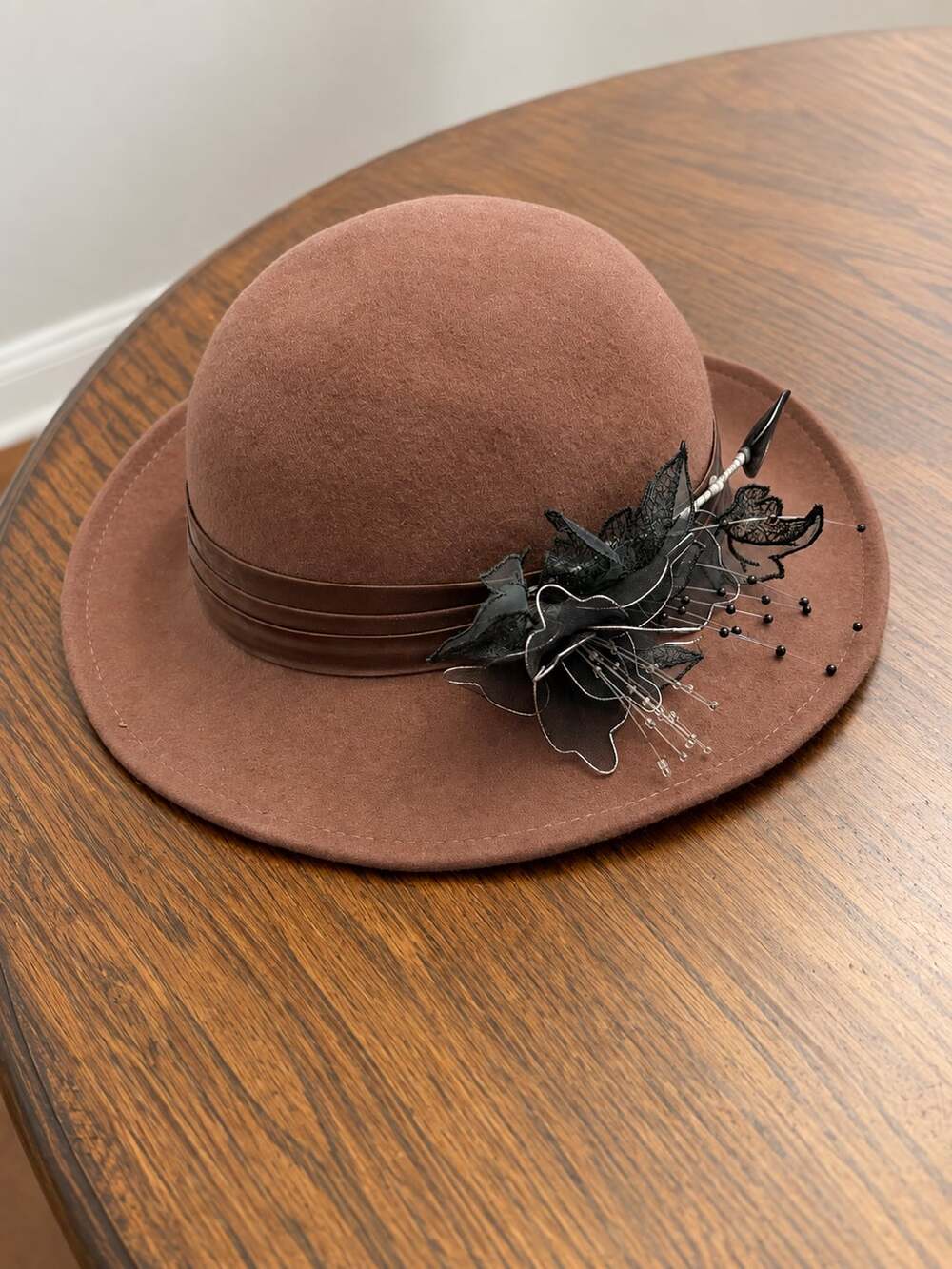 Vintage Doeskin Felt 100% Wool Hat Geo W Bollman Brown Floral Made in USA